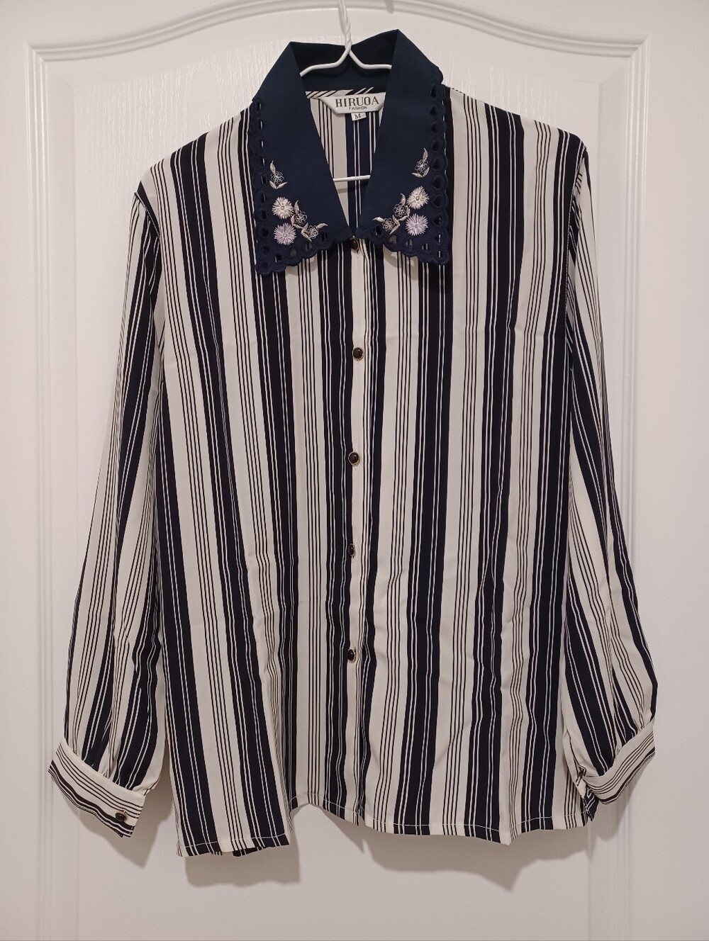 Vintage Striped Blouse With Floral Collar
